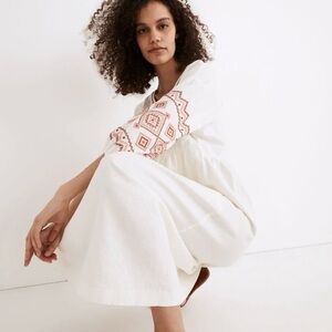 Madewell Embroidered 3/4 Sleeves Linen/Cotton Blend Popover Midi Dress Size XXS
